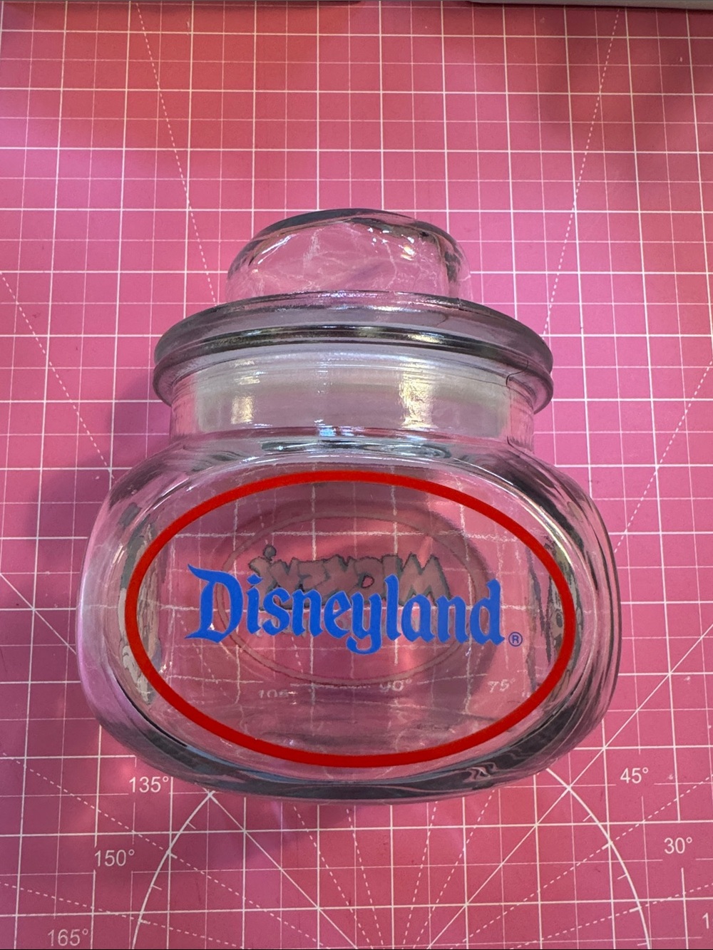 Disney Clear Glass Candy Jar with Blue and Red Logo Accents